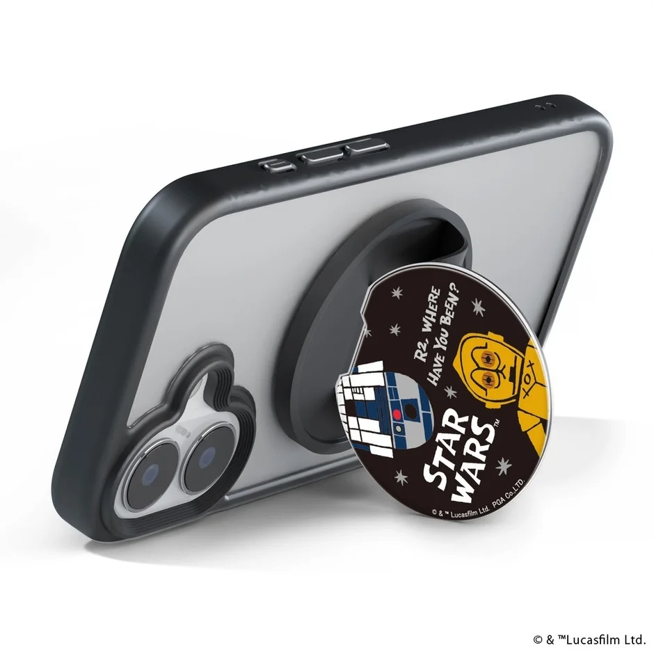 スター・ウォーズのR2-D2とC-3POがデザインされたスマホリングが取り付けられたスマートフォンケースです。
