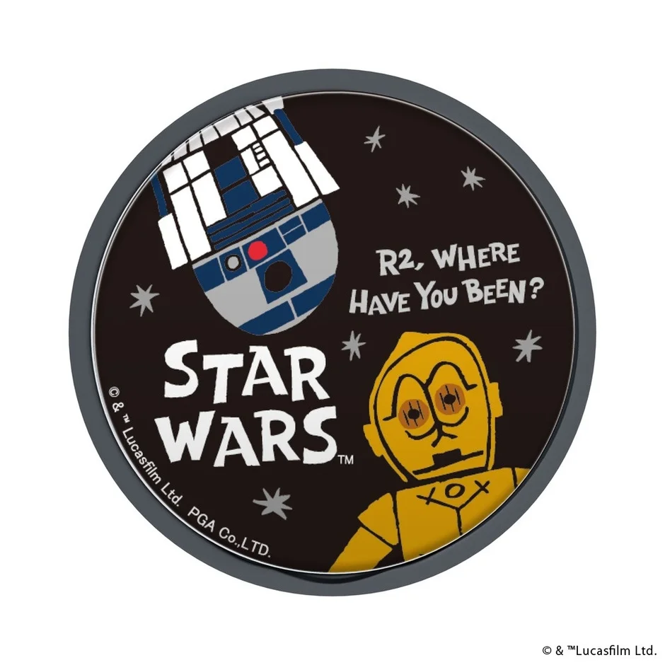 スター・ウォーズのC-3POとR2-D2が描かれた丸いイラスト。