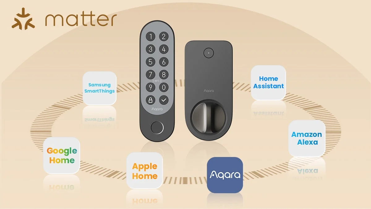 Matterプロトコルに対応したAqara製スマートロックと、Samsung SmartThings、Google Home、Apple Home、Amazon Alexa、Home Assistantといった主要スマートホームプラットフォームとの互換性を示す画像