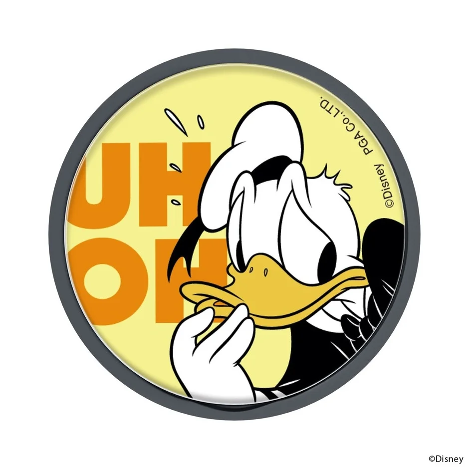 ドナルドダックが困ったような表情で汗をかいている様子を描いた円形のデザインです。