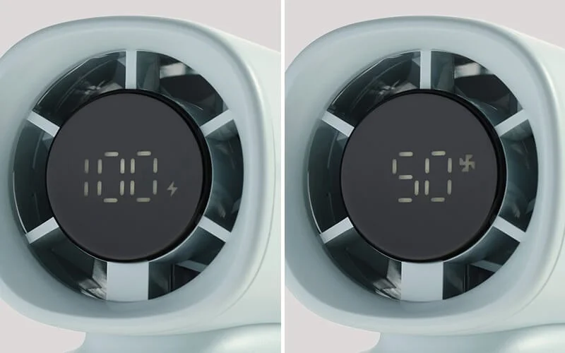 電化製品のデジタルディスプレイでバッテリー残量と送風レベルを表示