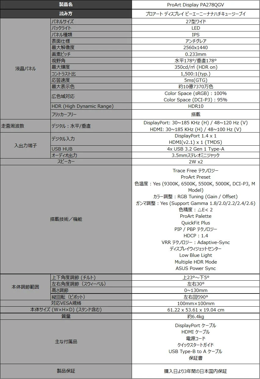PA278QGVスペック表