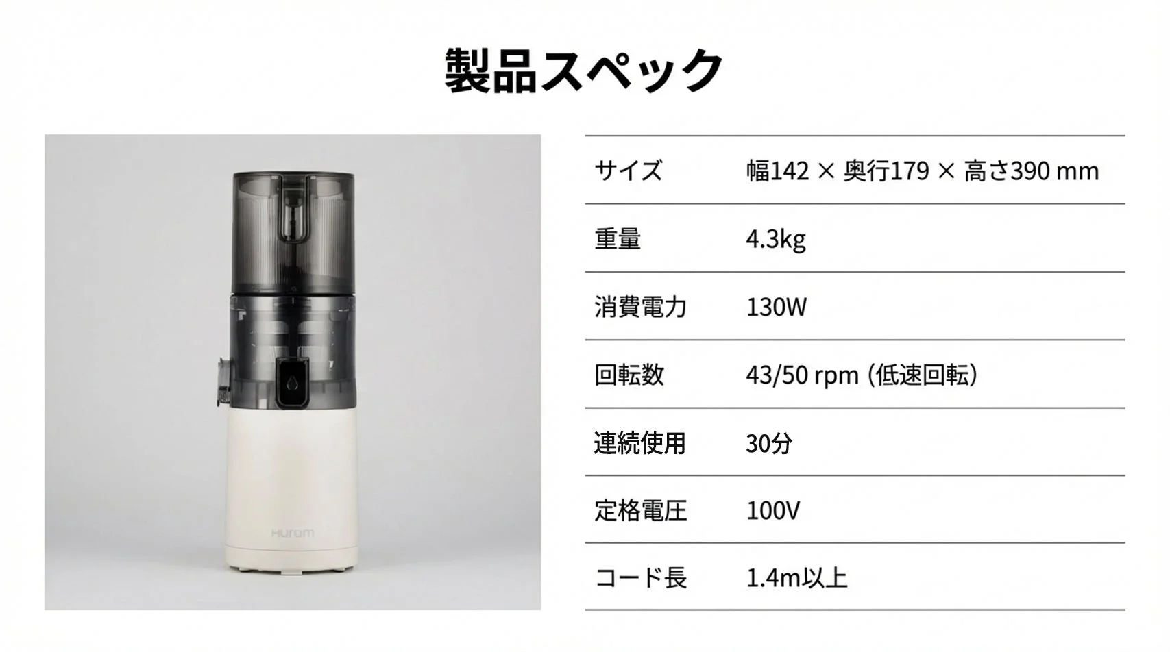 HUROM製スロージューサーのスペック表