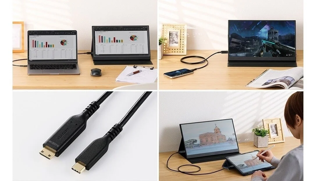 ポータブルモニターがノートPC、スマホ、タブレットと接続され、ビジネス、ゲーム、デザインなど様々なシーンで活用される様子を示しています。4K/60Hz対応のケーブルも紹介。