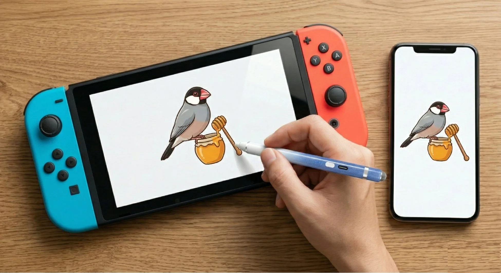 Nintendo Switchの画面でスタイラスペンを使ってイラストを描いている様子
