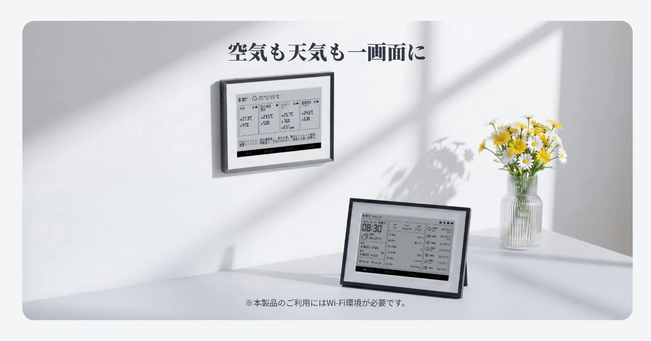 空気の質、天気予報、温度、湿度などを一画面で表示するスマートディスプレイ