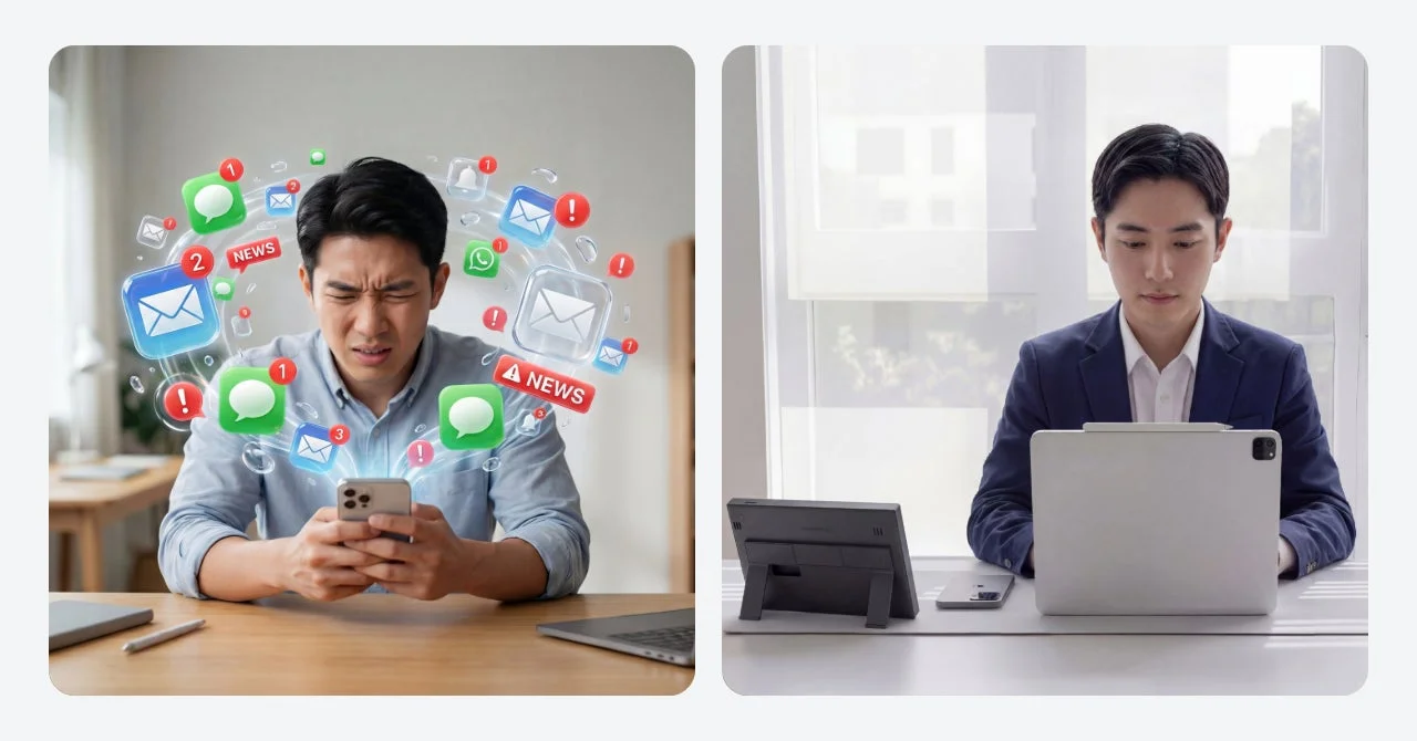 通知に囲まれストレスを感じる男性と、集中して仕事に取り組む男性の対比