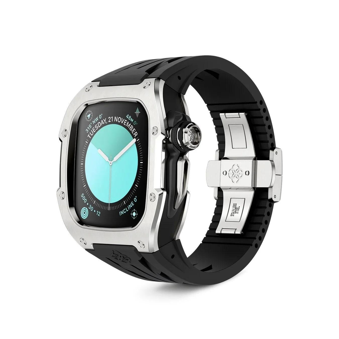 ゴールデンコンセプトのシルバーケースと黒ラバーバンドのスマートウォッチ