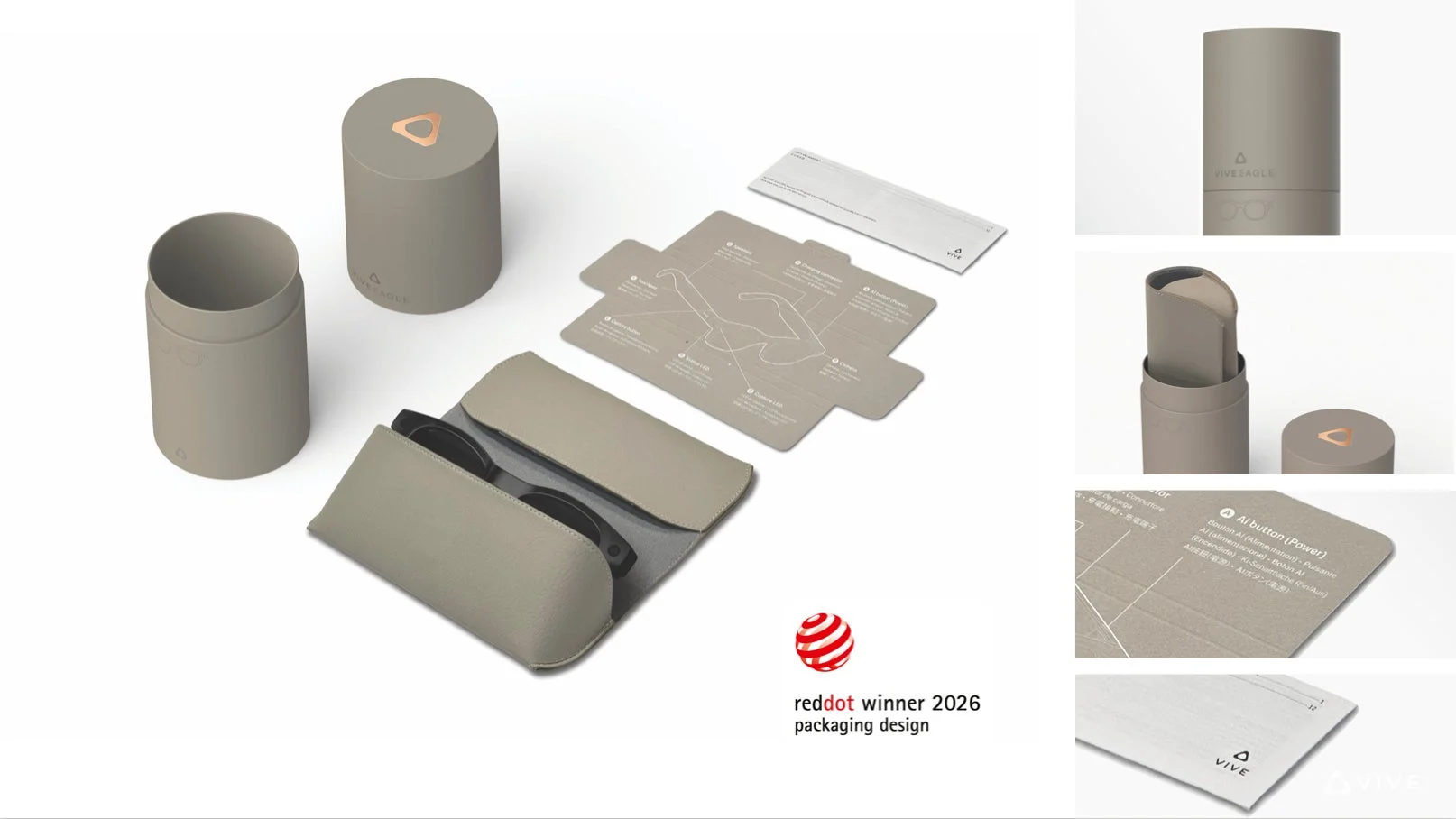 VIVEEAGLE reddot winner 2026 packaging design AI button (Power) Bouton AI (Alimentation) Pulsante AI (alimentazione) Botón AI (encendido) AI-Schaltfläche (Power) AIボタン (電源) Connector Connecteur Connettore Conector Anschluss 充電接続 充電端子 VIVE Speaker Mic Touchpad Capture button Status LED Camera Charging contacts