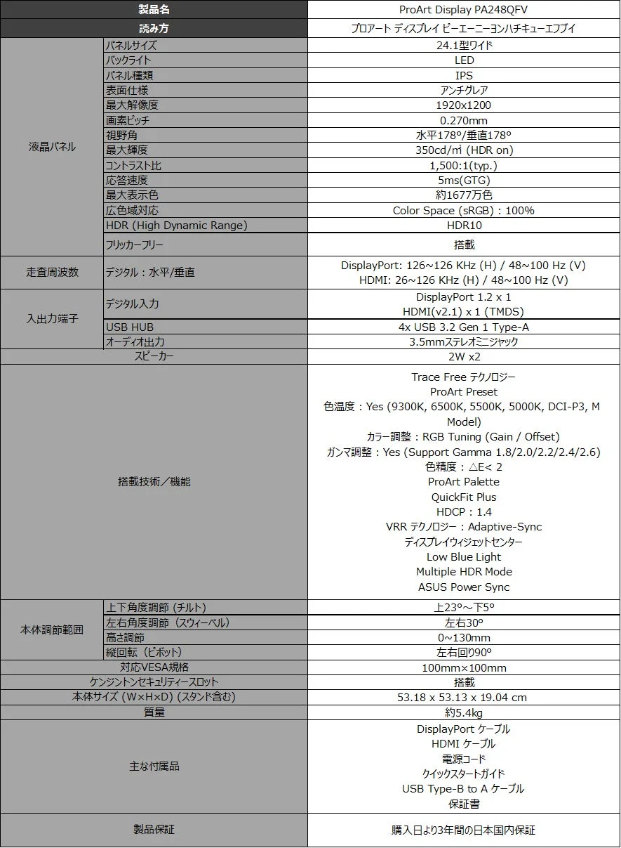 PA248QFVスペック表