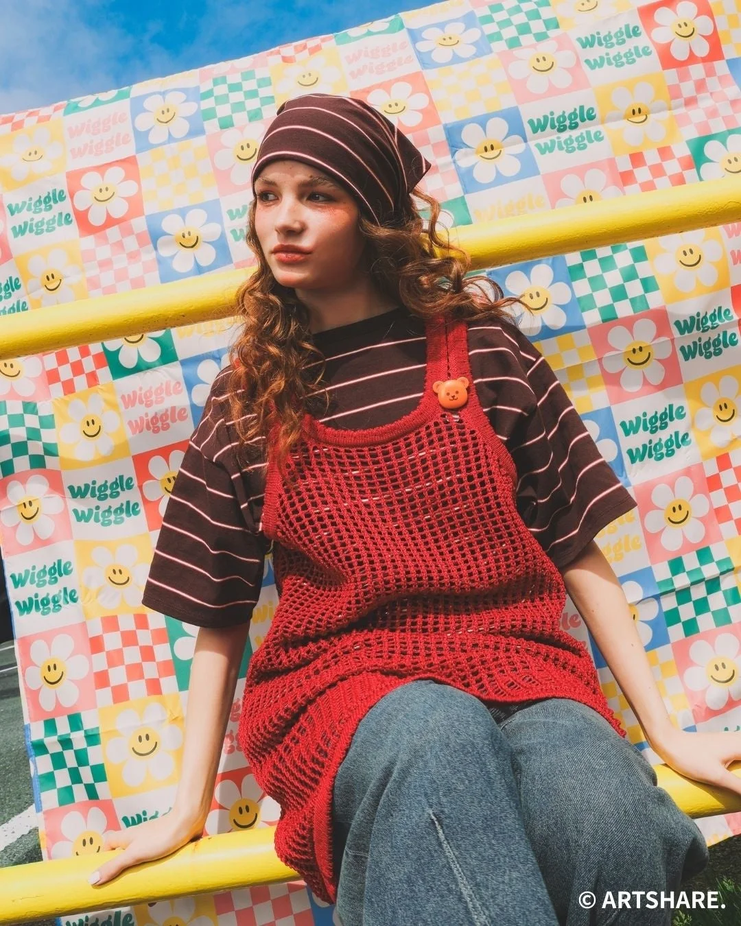 スカーフセットボーダーTシャツ、レイヤードメッシュワンピース