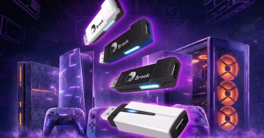 BrookブランドのUSBアダプターが未来的な紫の背景に浮かび、PlayStation、Nintendo Switch、ゲーミングPCなどのゲーム機器と共に描かれています。