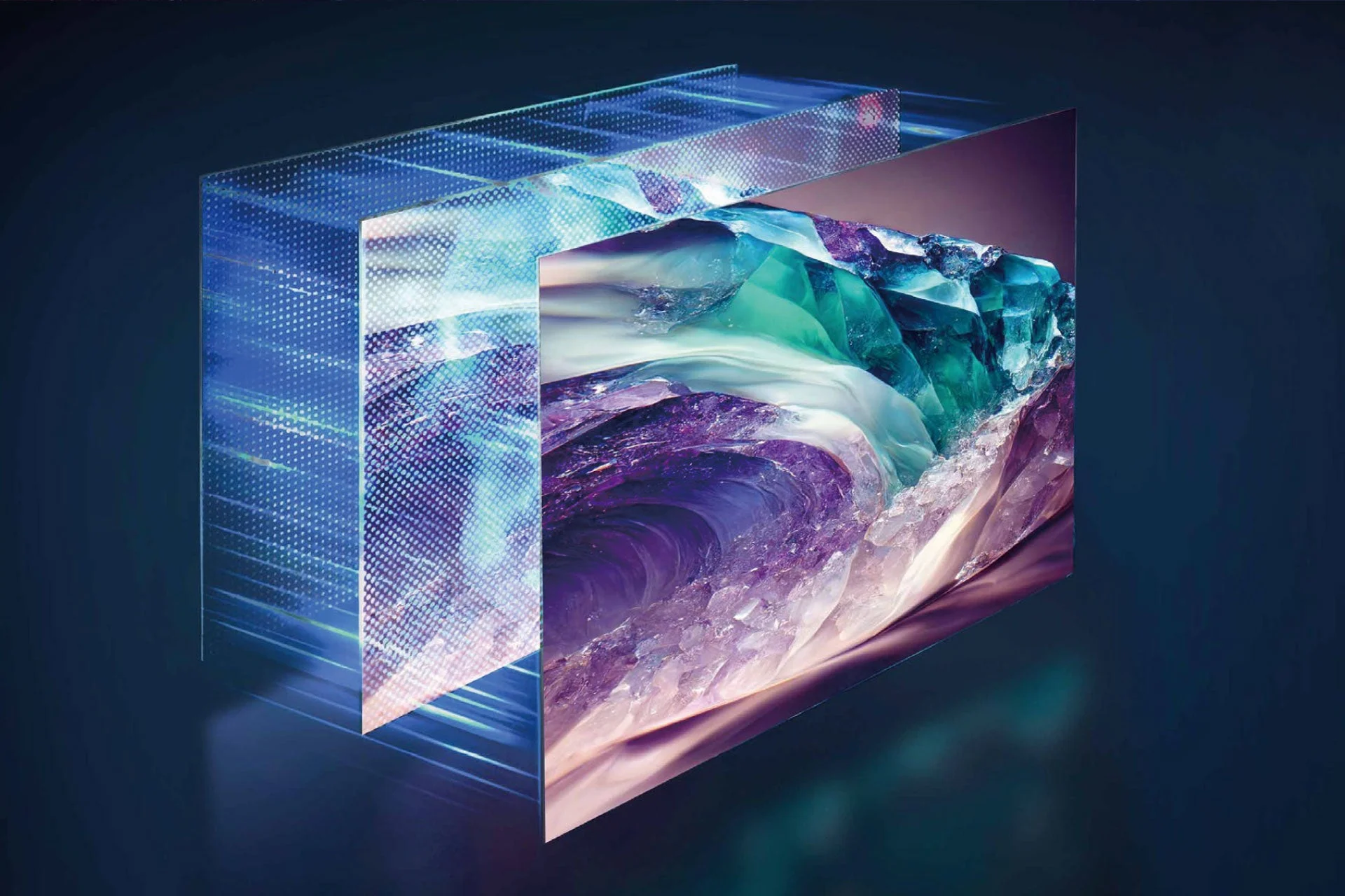 未来的な青いグリッド構造と、内側に輝く紫、青、緑のクリスタルが重なり合った立方体の抽象的な画像