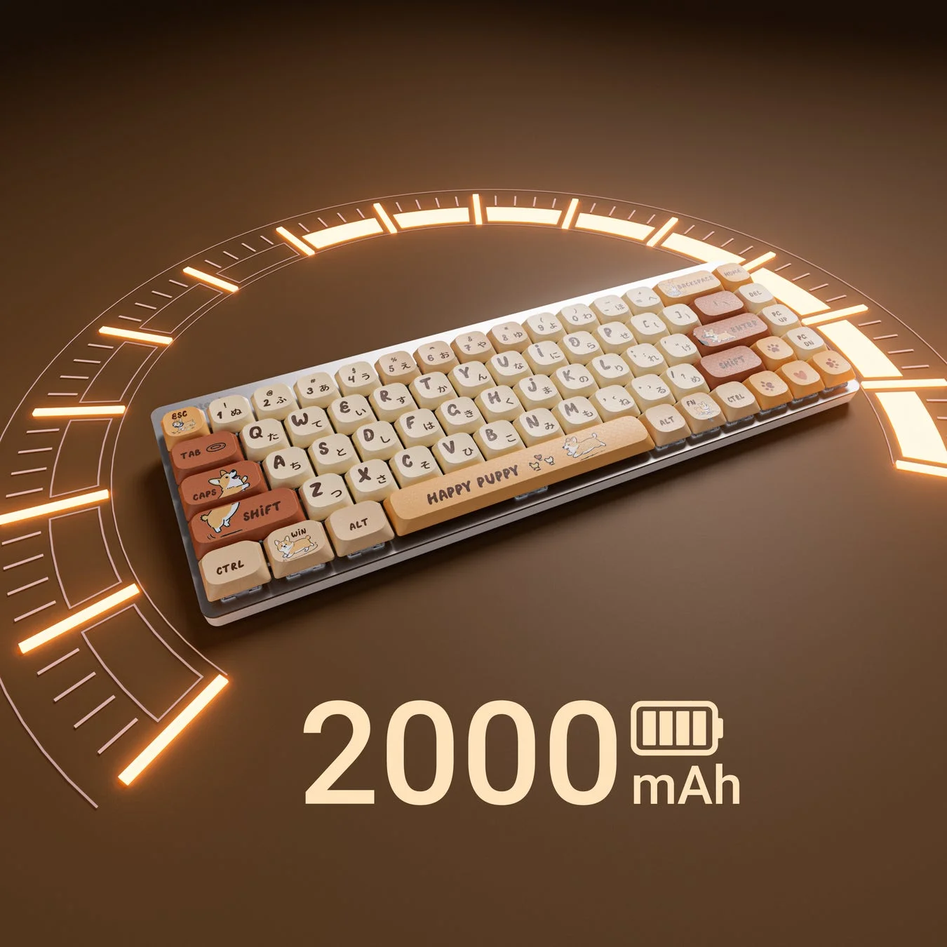 犬のイラストが特徴的な日本語配列メカニカルキーボードとバッテリー容量表示