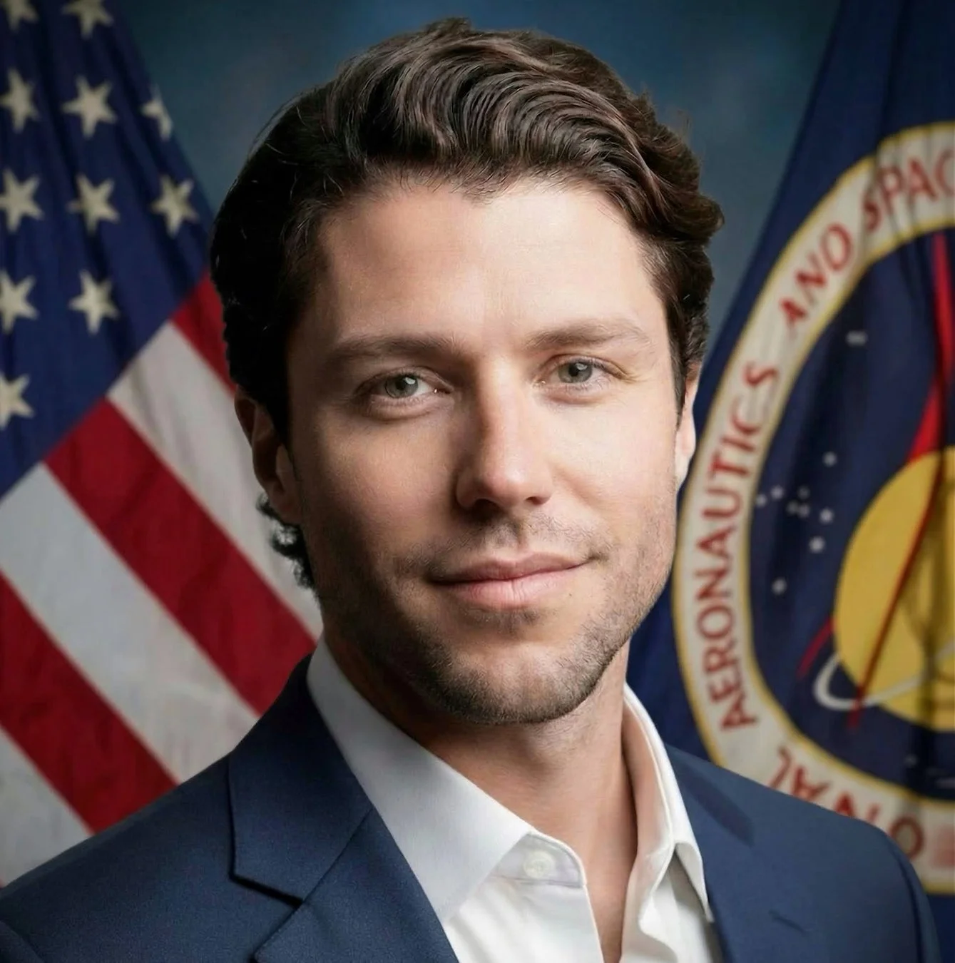 アメリカ国旗と航空宇宙機関の旗を背景に、スーツを着た男性のポートレート