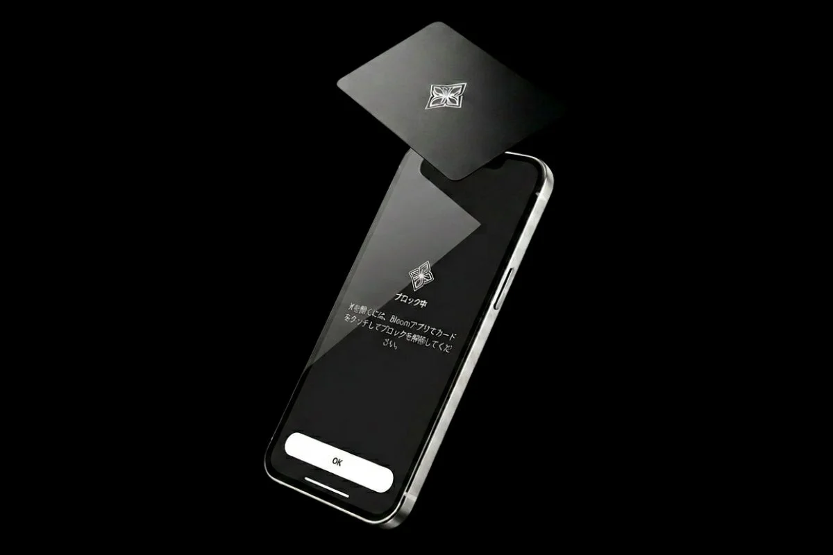 黒い背景に、NFC対応と思われる黒いカードとスマートフォンが斜めに配置されています。