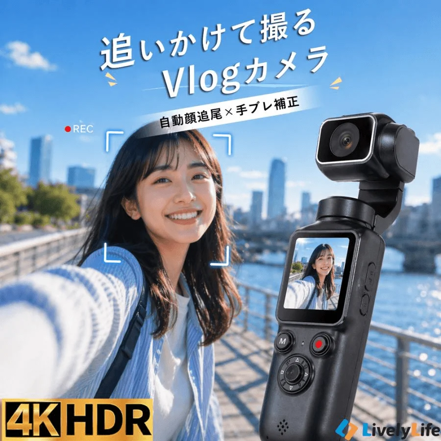 Vlogカメラで自撮りをする女性の画像