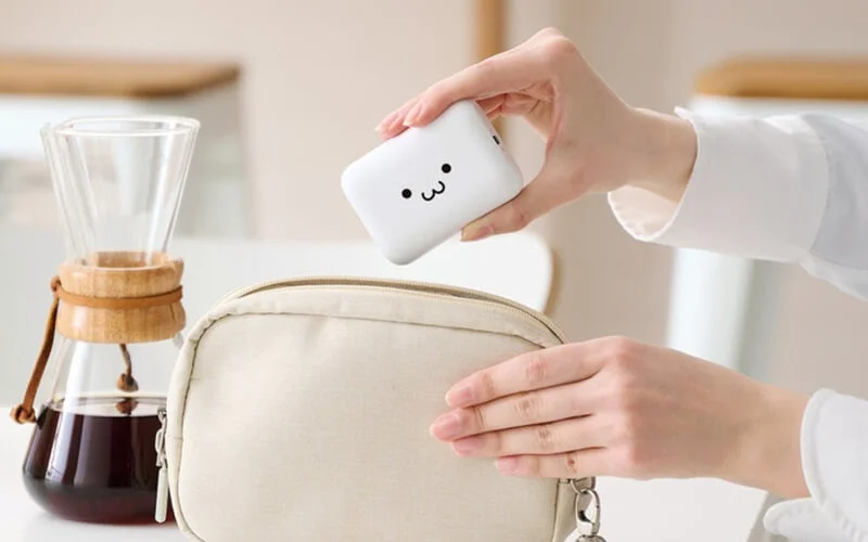 ポーチに白いモバイルバッテリーを入れる様子