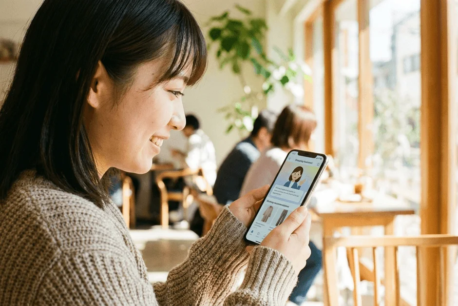 カフェでスマートフォンを操作する女性