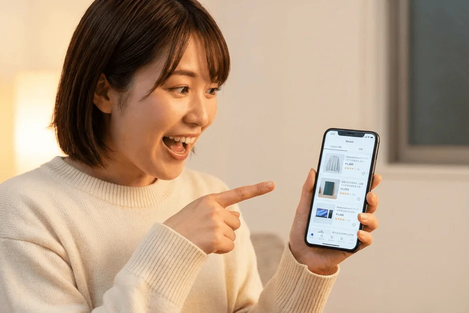 若くて笑顔の女性がスマートフォンを興奮した表情で見つめ、画面上のオンラインショッピングアプリを指差しています。