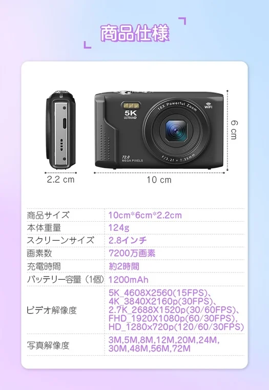 商品仕様 5K ULTRAHD 18X Powerful Zoom WiFi 72.0 MEGA PIXELS F/3.2f=7.36mm 6 cm 2.2 cm 10 cm 商品サイズ 10cm*6cm*2.2cm 本体重量 124g スクリーンサイズ 2.8インチ 画素数 7200万画素 充電時間 約2時間 バッテリー容量 (1個) 1200mAh ビデオ解像度 5K_4608X2560(15FPS)、4K_3840X2160p(30FPS)、2.7K_2688X1520p(30/60FPS)、FHD_1920X1080p(60/30FPS)、HD_1280x720p(120/60/30FPS) 写真解像度 3M,5M,8M,12M,20M,24M,30M,48M,56M,72M