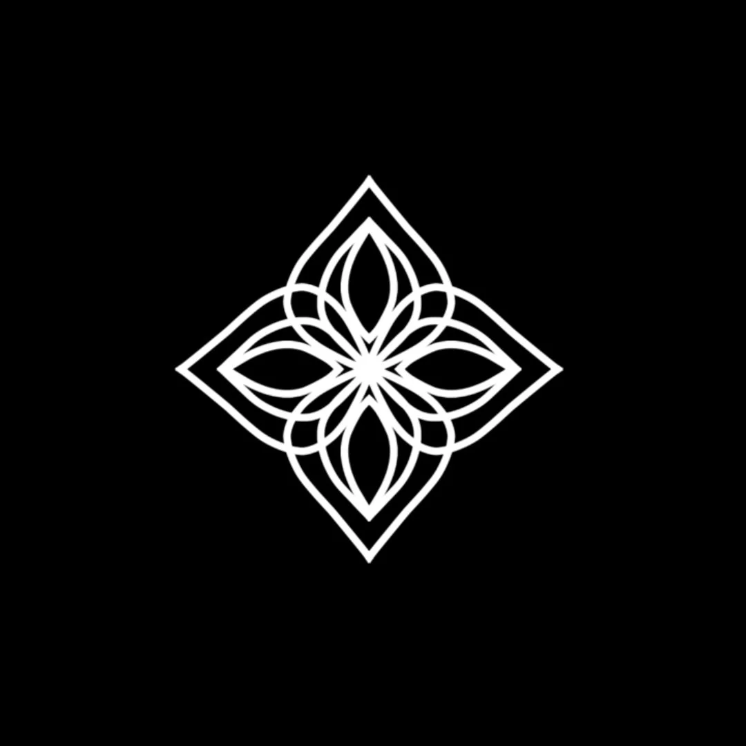 黒い背景に白い線で描かれた、対称的な花のような幾何学模様。