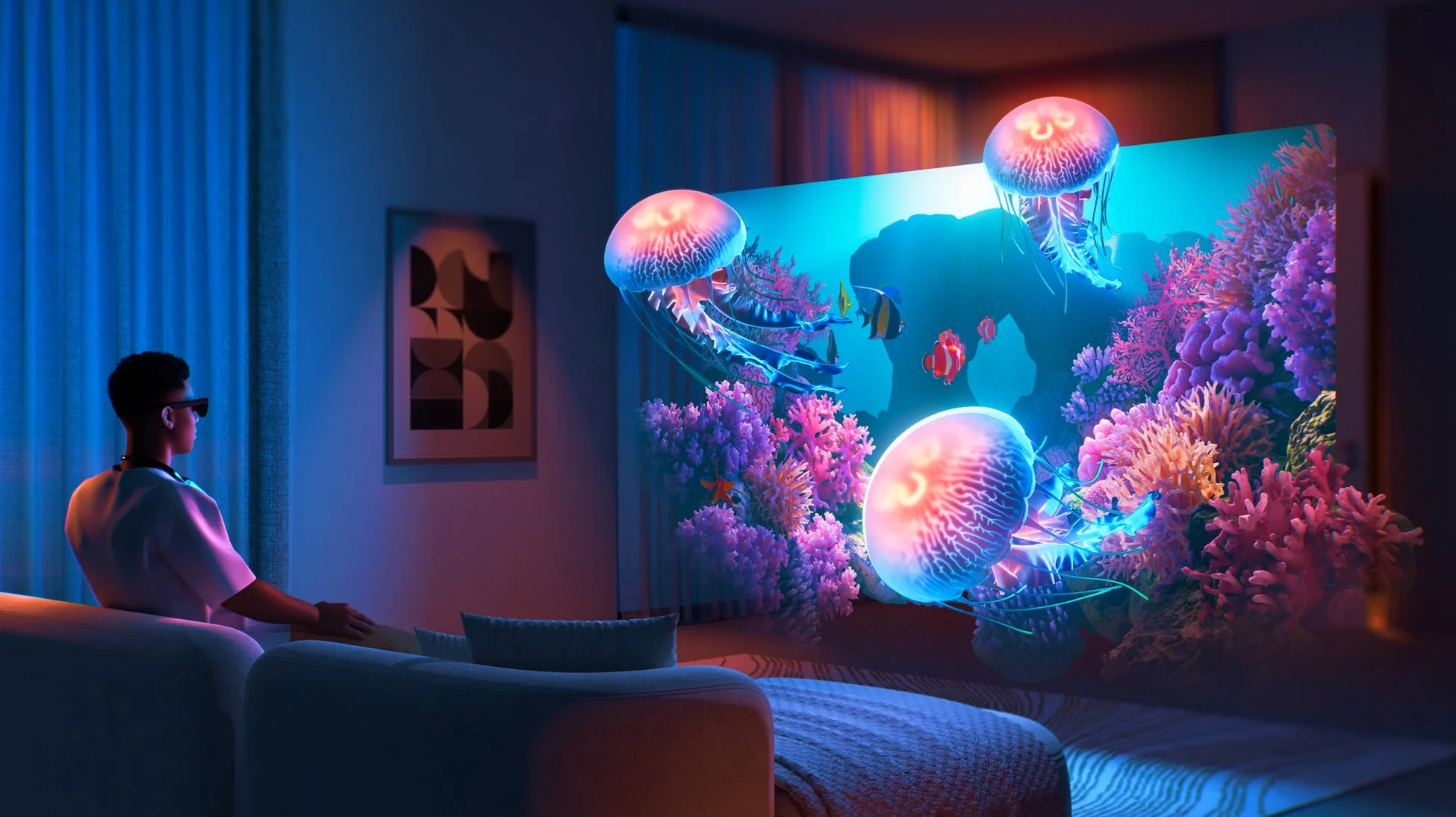 リビングで3D映像に没頭する人
