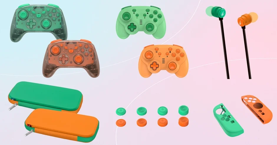 エメラルド、オレンジカラーのSwitch2用ゲームアクセサリー