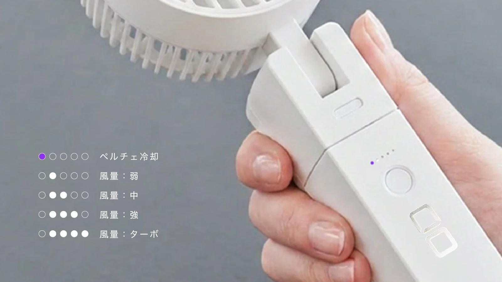 白い携帯扇風機を手に持っている様子が写されており、ペルチェ冷却機能と風量（弱、中、強、ターボ）の各設定が示されている