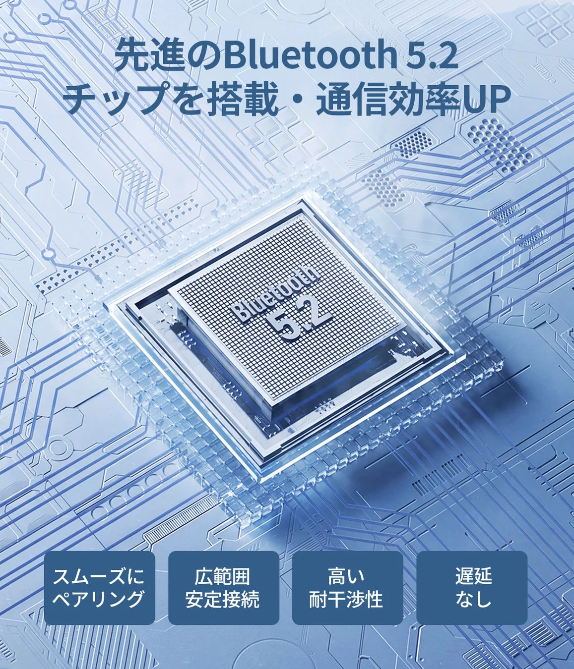 先進のBluetooth 5.2 チップを搭載・通信効率UP
