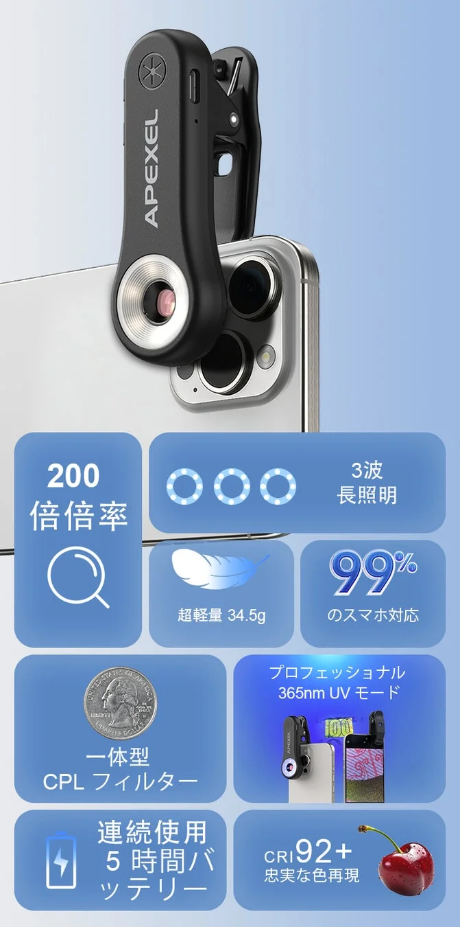 APEXEL 200倍顕微鏡の機能一覧
