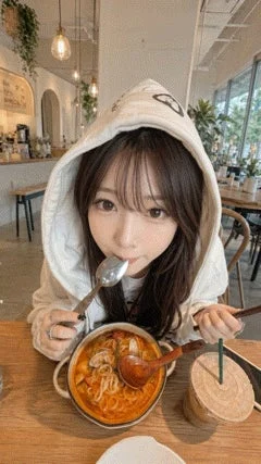 白いフード付きパーカーを着た若い女性が、カフェのような場所で食事を楽しんでいます。