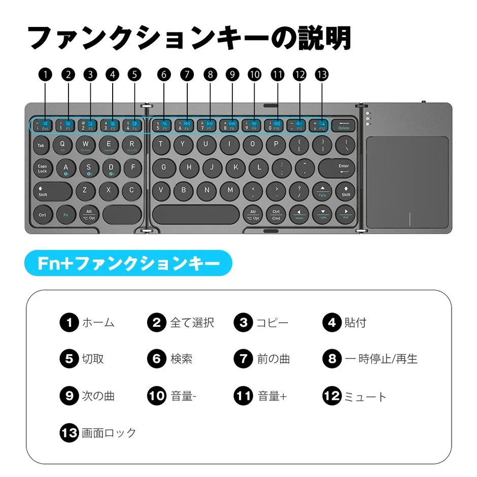 折りたたみ式キーボードのファンクションキーとFnキーの組み合わせによる機能