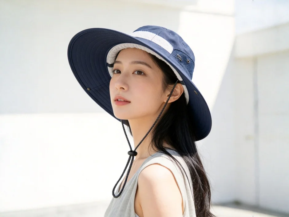 ネイビーのつば広ハットをかぶった若い女性のポートレート