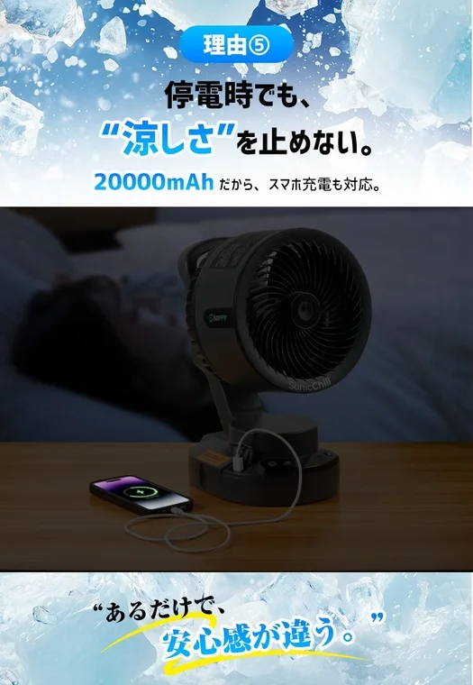 20000mAh大容量バッテリー搭載のポータブルファン「SonicChill」
