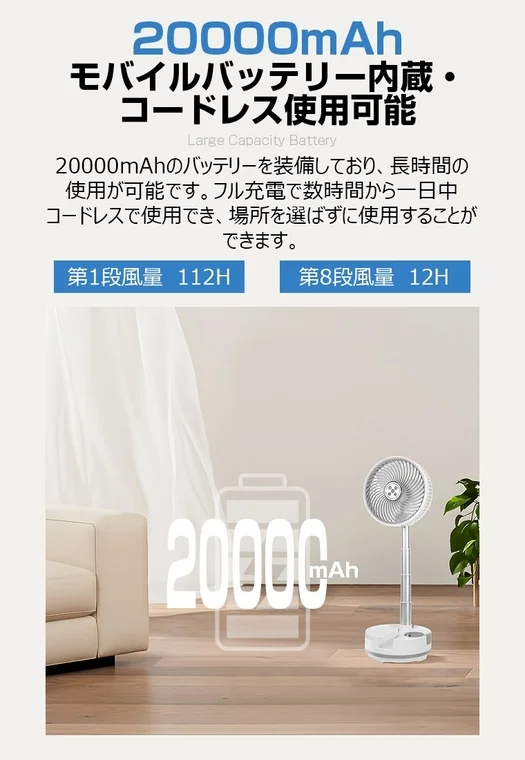 20000mAh大容量バッテリー内蔵・コードレス使用可能