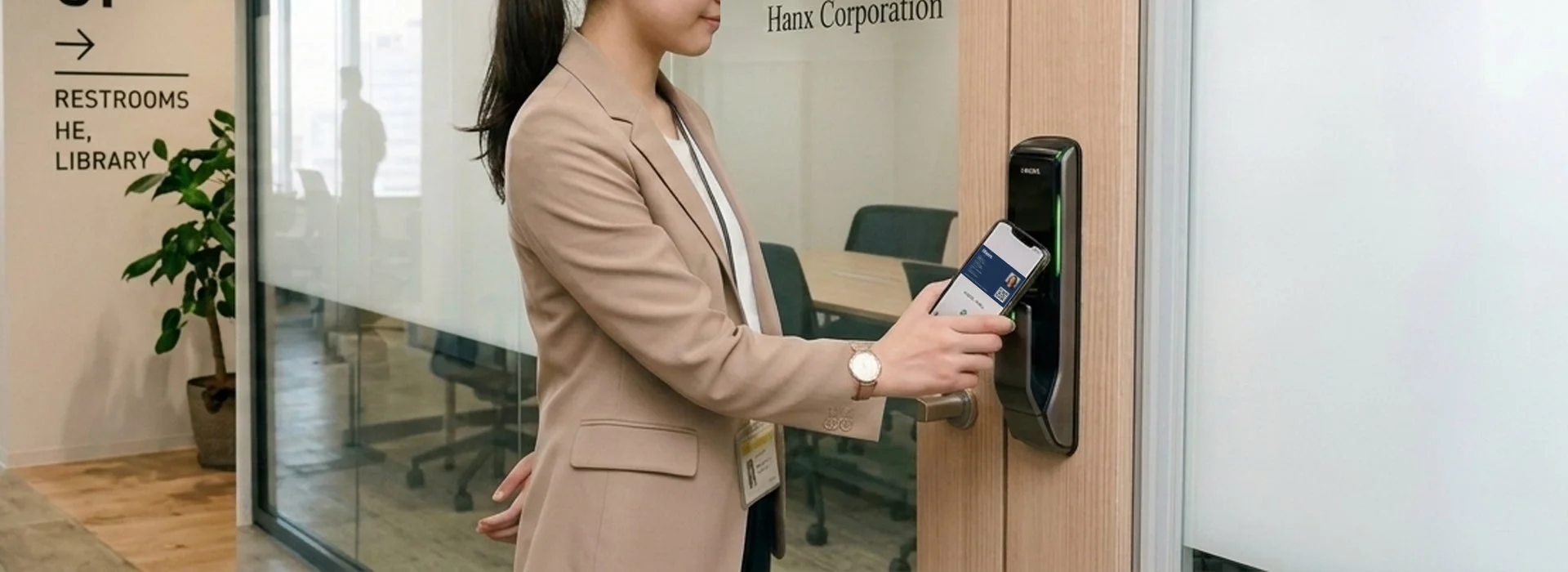 オフィスで女性がスマホをデジタルロックにかざしている様子
