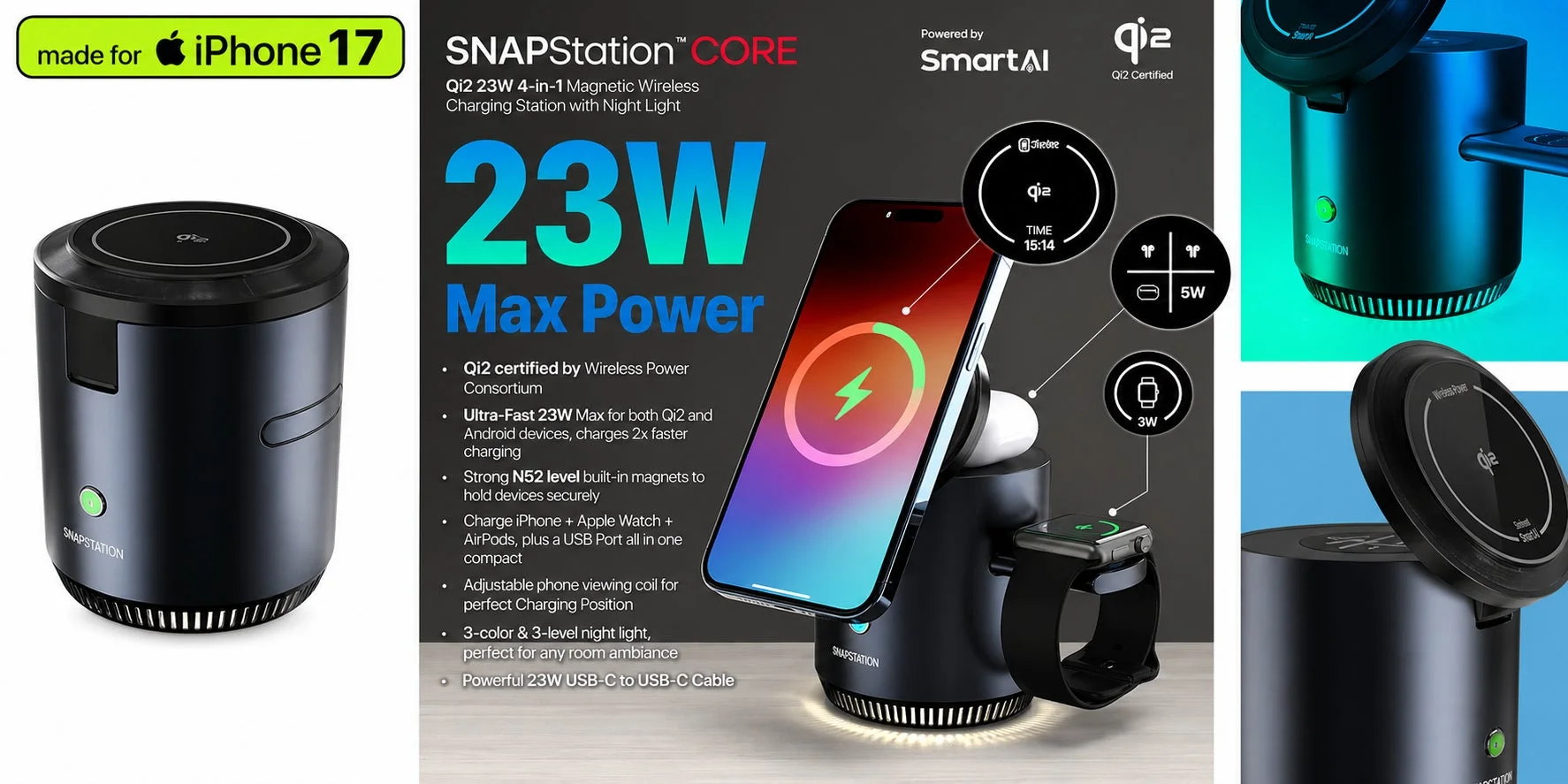 SNAPStation™ CORE Qi2 23W 4-in-1 Magnetic Wireless Charging Station with Night Light