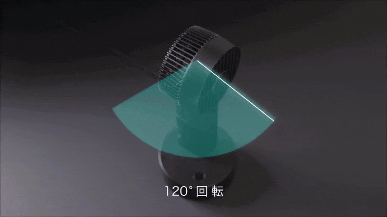 黒い小型のファンが120度の範囲で首振り動作をする様子