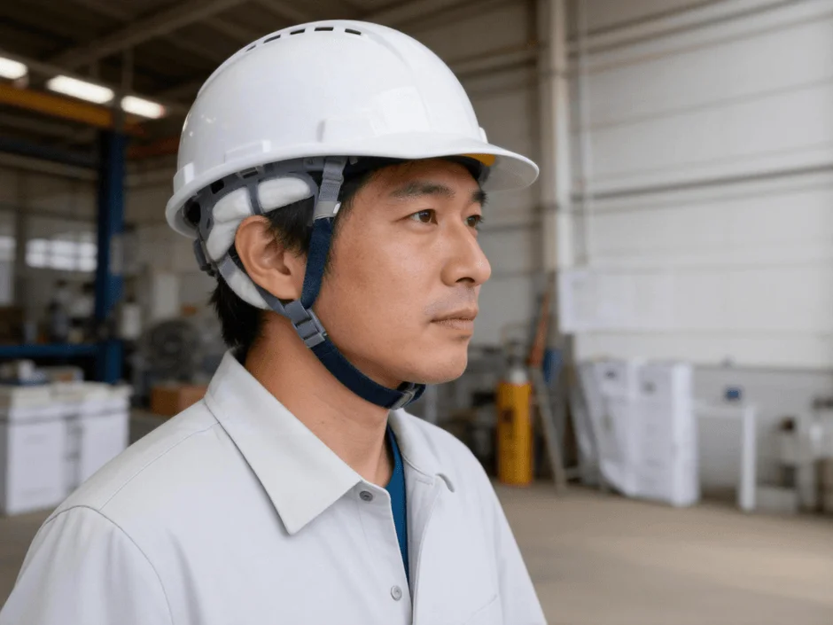 白いヘルメットと作業服を着用した日本人男性の画像