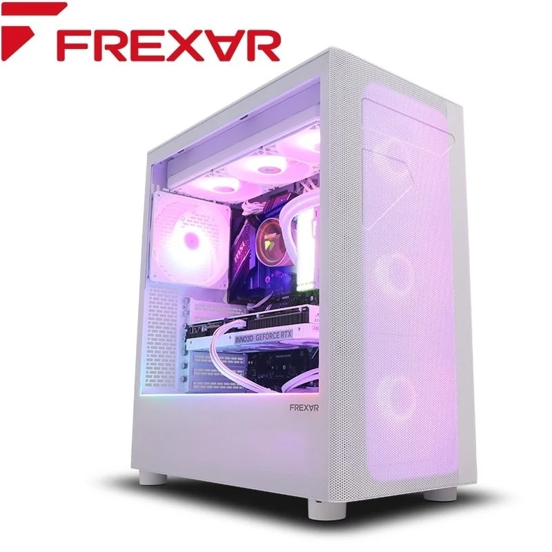 白いPCケースに収められたゲーミングPCの内部が、RGBライティングによって鮮やかに照らされています。グラフィックボードや冷却ファンが見えるモダンなデザインです。