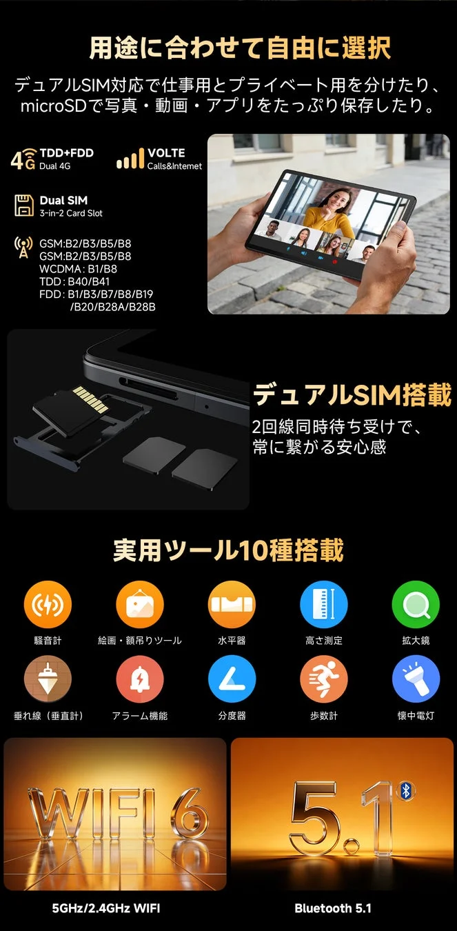 デュアルSIM、4G、WiFi 6、Bluetooth 5.1、実用ツールのイメージ