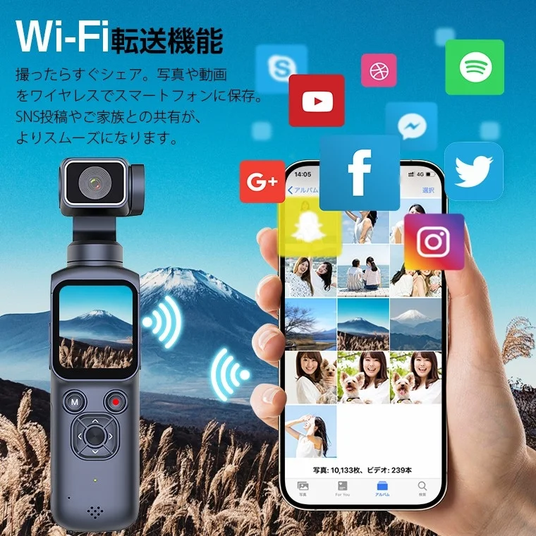 Wi-Fi転送、SNS共有