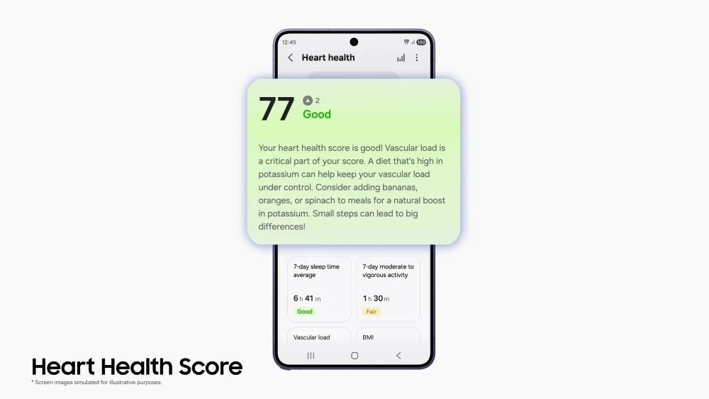 スマートフォン上で心臓の健康スコア「77 (Good)」を表示する画面