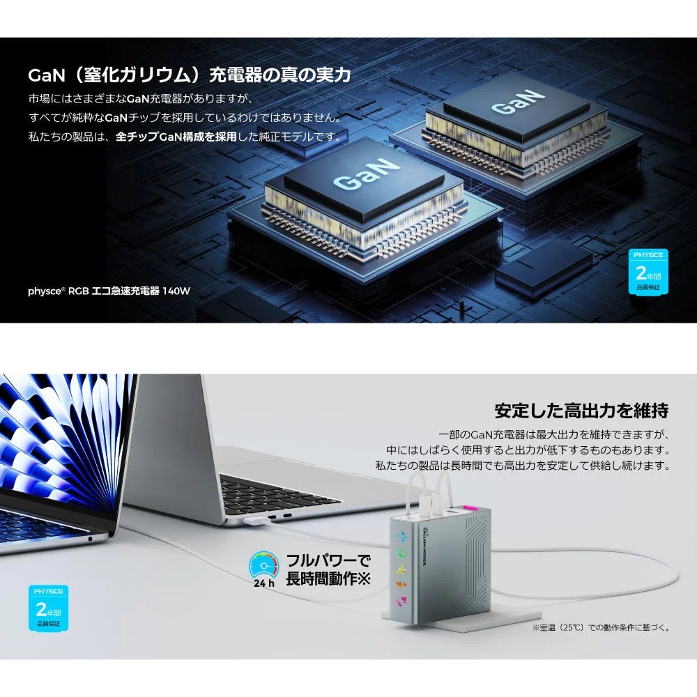 PHYsce RGB エコ急速充電器 140WがノートPCを充電している様子
