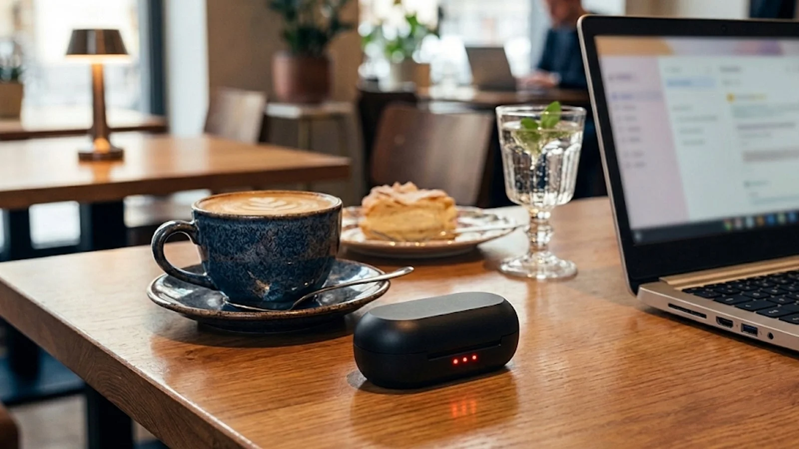 カフェで充電中のワイヤレスイヤホンケース