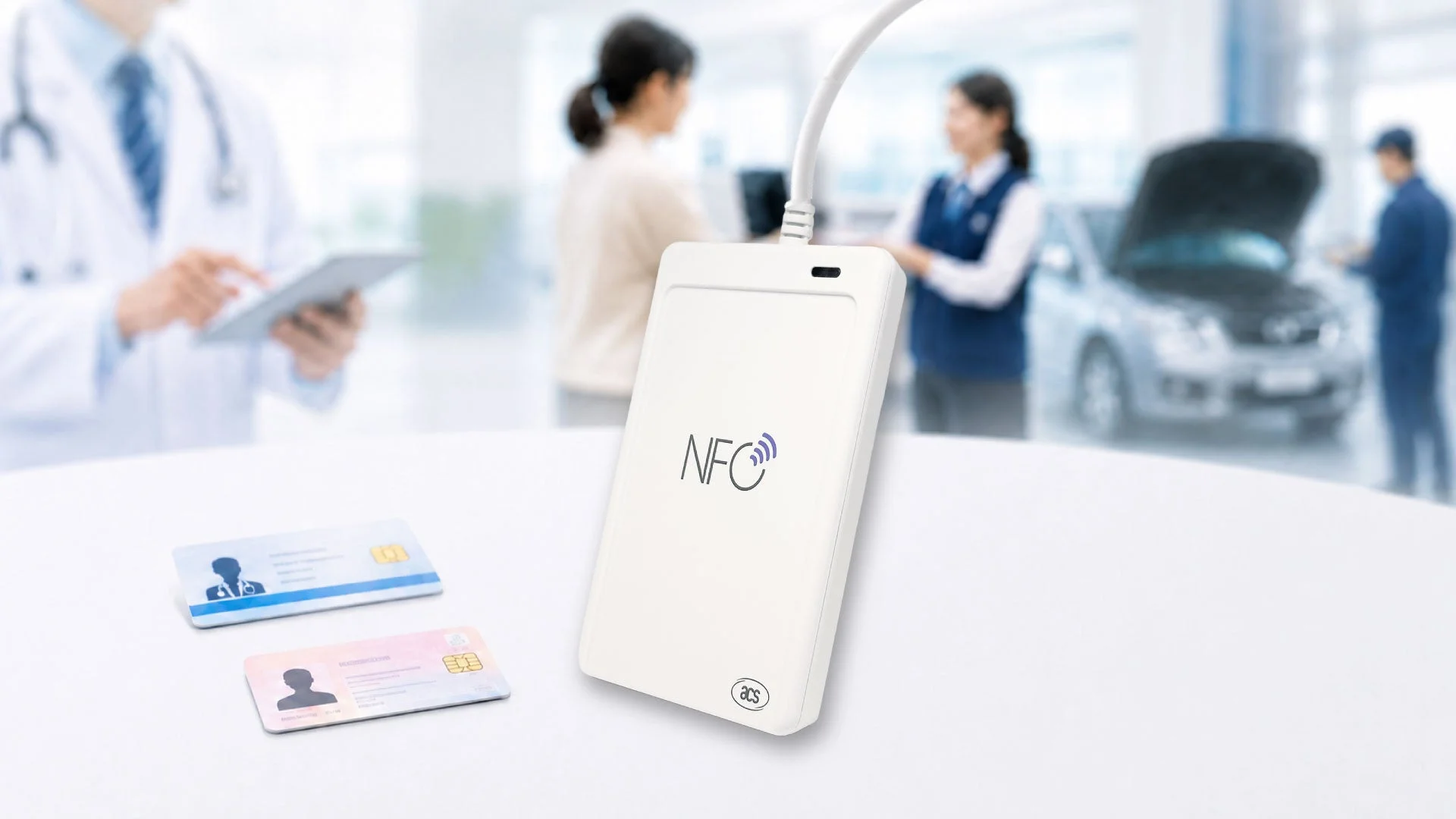 NFCリーダーとICカードが手前にあり、背景には医師がタブレットを使う医療現場や、自動車の整備が行われる風景がぼやけて写っています。様々なサービス分野でのICカード認証とデジタル化の活用を示唆する画像です。