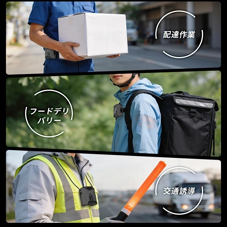配達作業、フードデリバリー、交通誘導での使用例