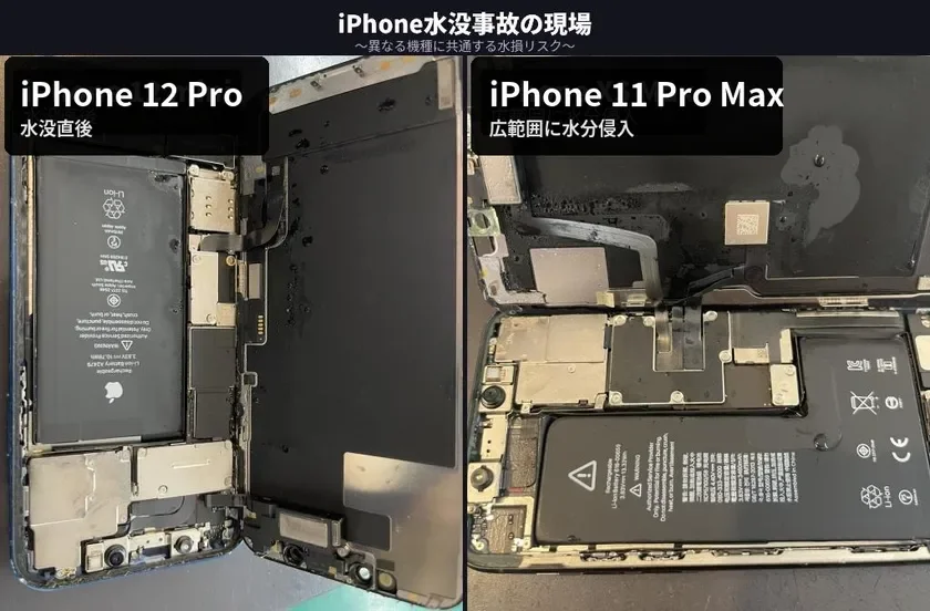 iPhone水没事故の現場 ~異なる機種に共通する水損リスク~