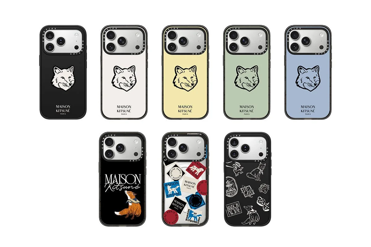 メゾンキツネとCASETiFYのコラボレーションによるiPhoneケースが8種類写っています。キツネのロゴやイラスト、ブランド名が施されており、黒、白、黄、緑、青など様々なカラーバリエーションがあります。